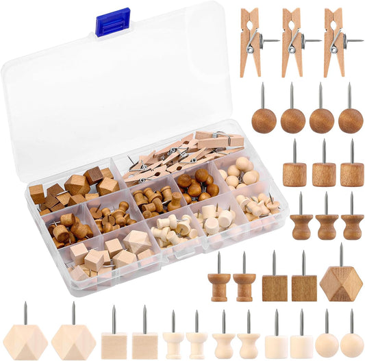 114 Pcs Wood Push Pins, 2 Colors and 7 Types Decorative Thumb Tacks Wooden Head Pin Map Tacks Marking Pin, Wood Thumb Tacks Decorative for Bulletin Boards Craft Projects with Storage Box