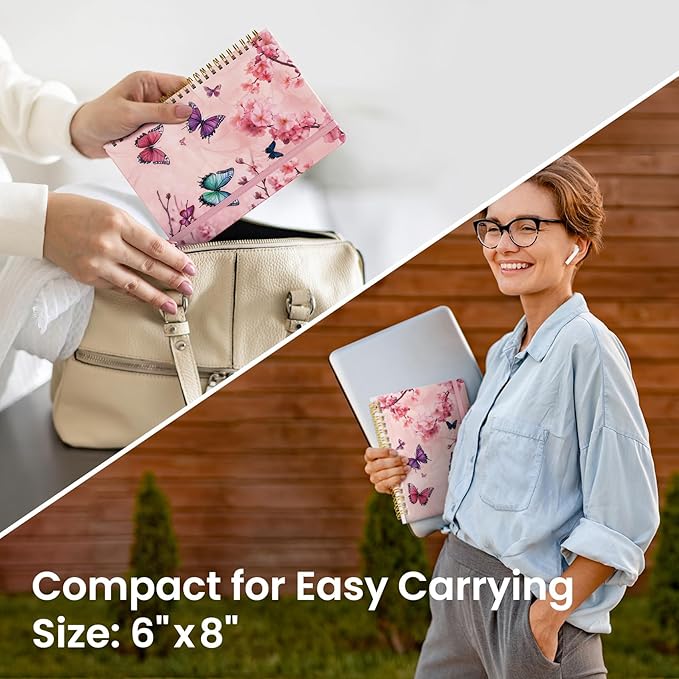 Lined Spiral Journal Notebook for Women, Pretty A5 College Ruled Hardcover Notebook for Work & Note Taking, Cute Aesthetic Journal for Writing, 140 Pages, Pink Floral & Butterfly