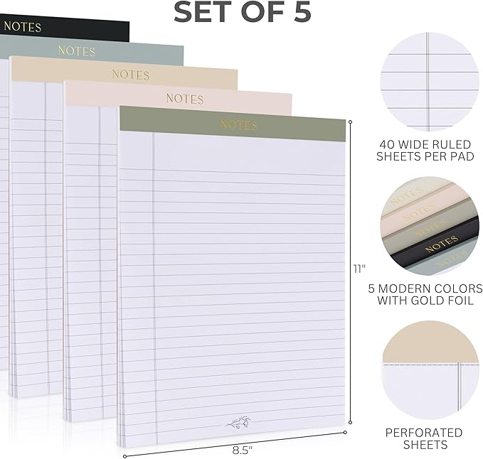 ZICOTO Aesthetic Note Pads Set Of 5 - Quality 8.5 x 11 inch Lined Legal Pads For Women Or Men - The Perfect Writing Notepads and Office Desk Supplies to Easily Organize Your To-Do Lists
