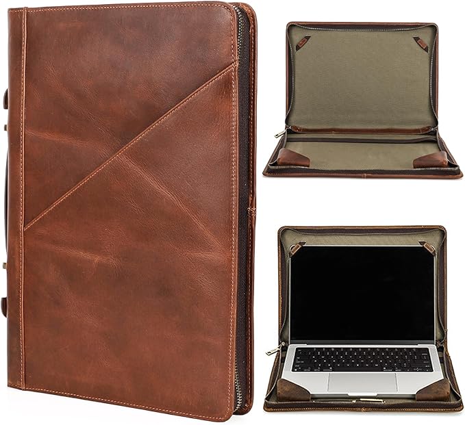 Top Grain Leather 14.2" Slim Laptop Zipper Folio Case Bag, Vintage Design & 2 Pockets, Handmade, Compatible with MacBook Pro 14" 2021 2022 M1 Pro/M1 Max A2442 & Other PC, Brown 14.2 Inch