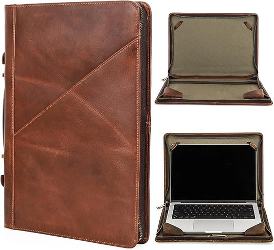 Top Grain Leather 14.2" Slim Laptop Zipper Folio Case Bag, Vintage Design & 2 Pockets, Handmade, Compatible with MacBook Pro 14" 2021 2022 M1 Pro/M1 Max A2442 & Other PC, Brown 14.2 Inch