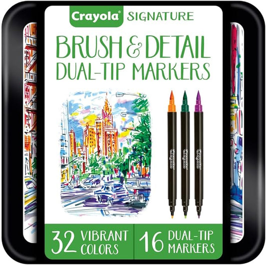 Crayola Brush & Detail Dual Tip Marker Set, 16 Markers, 32 Colors, Adult Coloring Markers, Gifts for Teens & Adults
