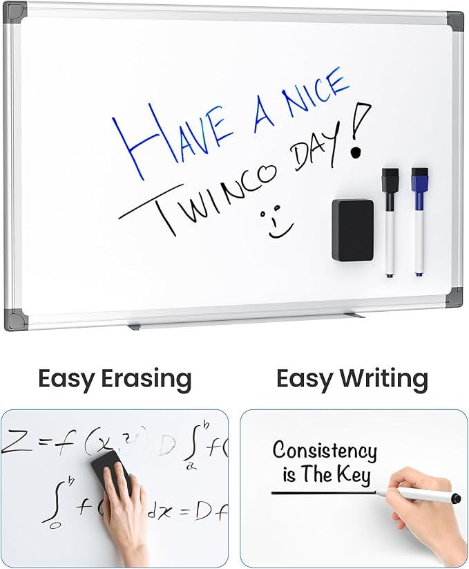 VUSIGN 2PCS Magnetic White Board Kit for Wall 18" x 12", 2 Dry Eraser & 4 Multicolor Markers & 8 Magnetic Pins, Sliver Reinforced Aluminum Frame for Home, School, Office