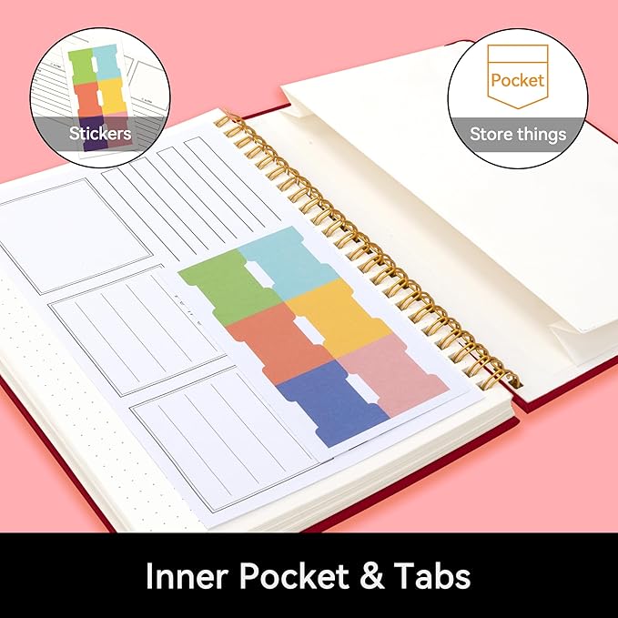 Alltree Spiral Dot Grid Notebook Journal, Dotted Paper Notebook for Work, Medium A5, Spiral Notebook with Pen Loop, Pocket, 160 Pages, Journal for Women, Burgundy(6"x8.5")