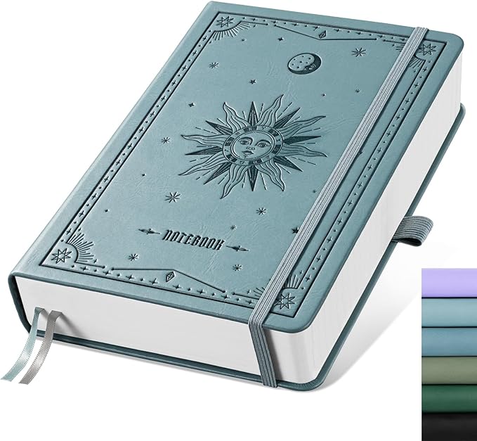 EMSHOI A5 Hardcover Leather Journal - 320 Pages, 100GSM Thick Notebook Lined Journal for Writing Women & Men, College Ruled, Sun Design- GrayBlue (5.75" x 8.38")