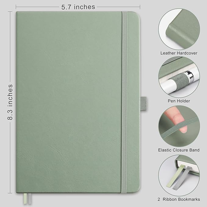 RETTACY Bullet Dotted Journal, A5 Dotted Notebook Journal with 192 Pages, 5.7'' × 8.3'', Medium Size, 100 GSM Thick Paper, Leather Hardcover, Bullet Journaling, Planning (Sage Green)