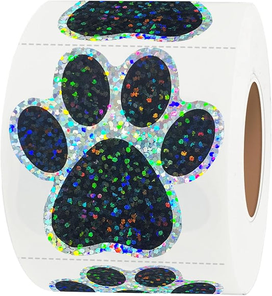 2 Inch Paw Stickers,300Pcs Sparkle Black Paw Stickers,Self-Adhesive Holographic Shiny Bear Paw Stickers Roll for Kids Birthday Decor Envelopes Seals Cards Gift Wrap