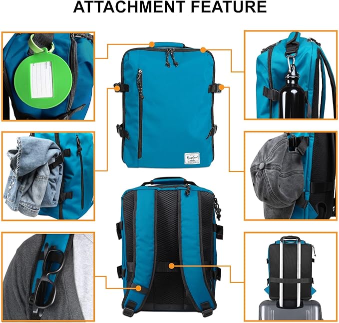 Cabin Hand Luggage Backpack Small Carry-On Daypack Airplane Travel Under-seat for Women Men fits 15.6-inch Laptop, Water Blue