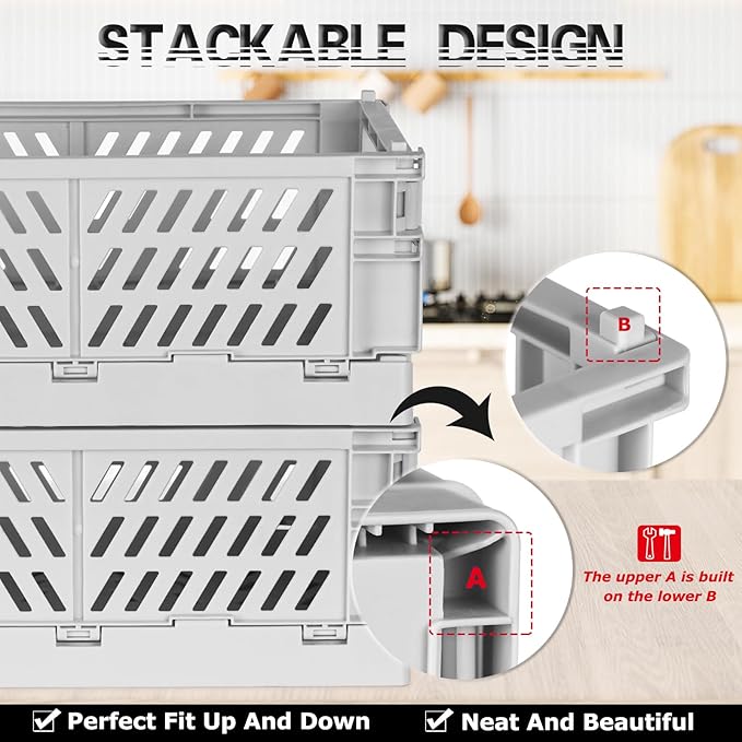 Tixill 2-Pack Mini Foldable Plastic Baskets for Organizing and Storage, Collapsible Storage Crate for Home Kitchen Bedroom Bathroom Office (9.8x6.5x3.8, Grey)