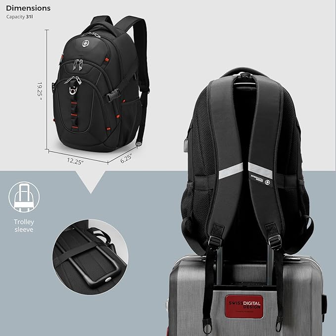 Swissdigital Design Large Business Laptop Backpack with Smart USB Charging Port Travel Backpack Fits 15.6 inches laptops (VECTOR SD803-01 Black)