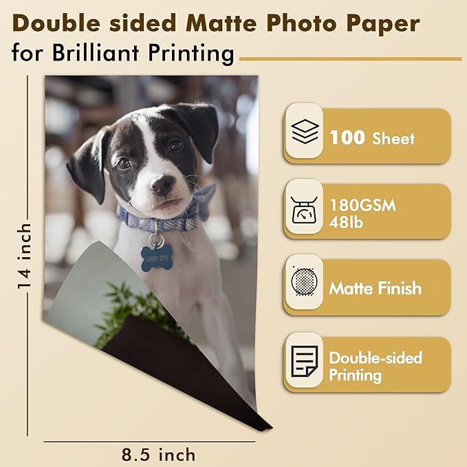 Koala Photo Paper Double-side Matte 8.5X14 Inches Compatible with Inkjet Printer 48LB for Presentation 100 Sheets 180GSM