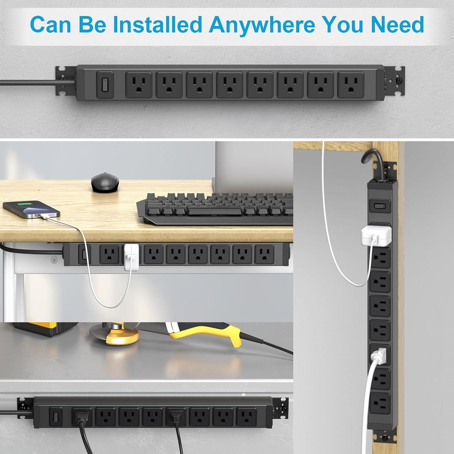 HHSOET Metal 360° Rotating Mountable Power Strip, 8 Outlet Gaming Table Mounted Outlet Strip, Heavy Duty Wall Mount Surge Protector with Switch, 15A 125V 1875W, 15ft Power Cord.(Black)