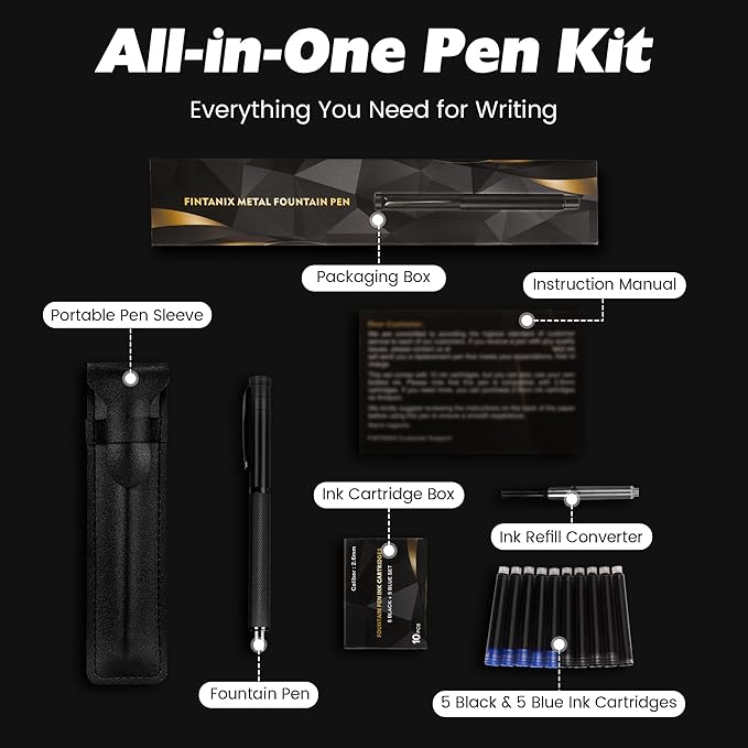 Fountain Pen with Fine Nib - Modern Black Metal Design with Intricate Knurled Grip, Smooth and Skip-Free Writing, Includes Ink Cartridges, Converter, and Protective Sleeve