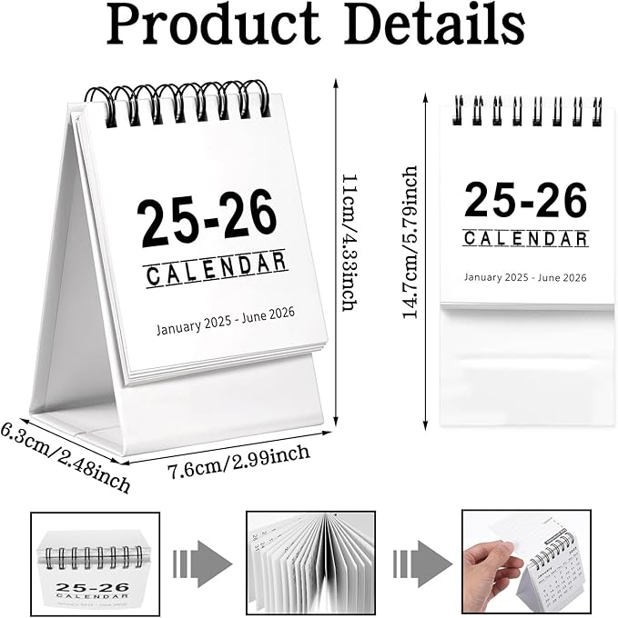 Mini Desk Calendar 2025.1-2026.6 Small Desktop Calendar 2025-2026 Standing Flip Calendar Small Desk Calendar 2025-2026 for Home Office School(White)
