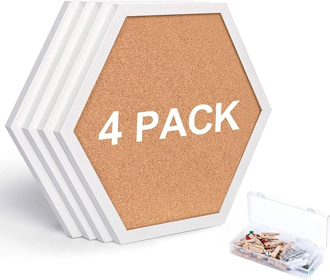 Cork Bulletin Board Hexagon White, Small Framed Corkboard Tiles for Wall, Thick Decorative Display Boards for Home Office Decor, School Message Board (4 Pack)