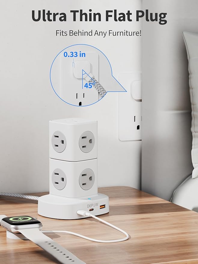 Power Strip Tower Surge Protector with 9 Outlets 3 USB (2 USB C), 5Ft Braided Extension Cord with Multiple Outlets, 1700J Surge Protection, Detachable Charging Station for Home Office Dorm