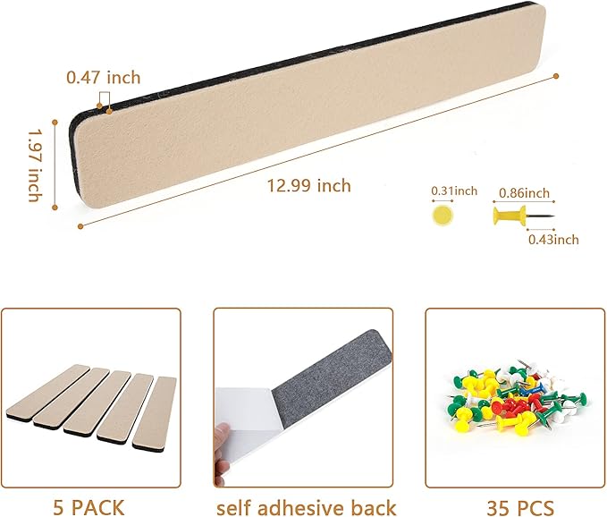 5 Pack Felt Pin Board Bar Strips Bulletin Board for Bedrooms Offices Home Wall Decoration, Notice Board Self Adhesive Cork Board with 35 Push Pins for Paste Notes, Photos, Schedules (Camel)