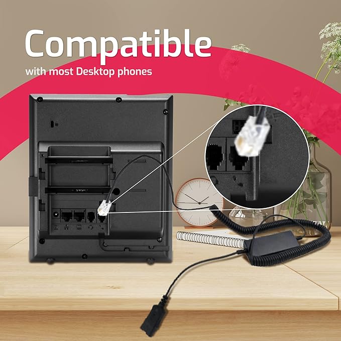 Global Teck Intelligent Cord (4ft) Compatible with Plantronics, AddaSound Headsets - QD to RJ9 with Quick Disconnect Headset Connector