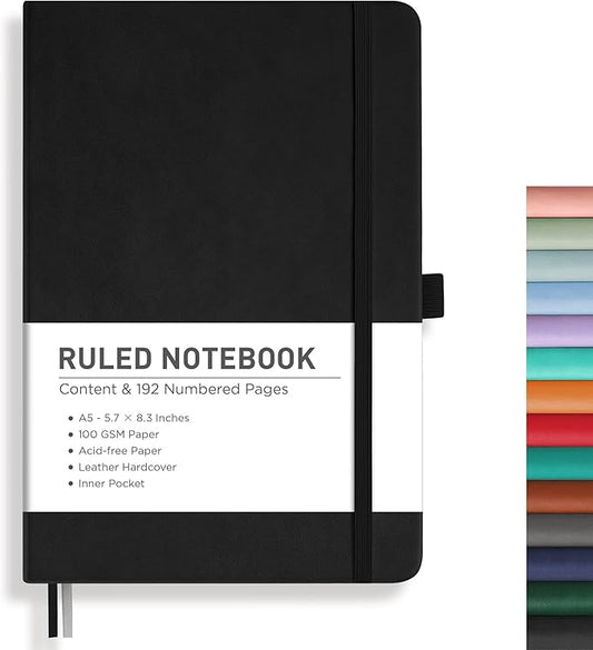 RETTACY Journaling Notebooks, A5 Lined Journal Notebook with 192 Numbered Pages, 5.7'' × 8.3'' Medium Size, for Writing, Work, Office, Leather Hardcover, 100 GSM Thick Paper (Black)