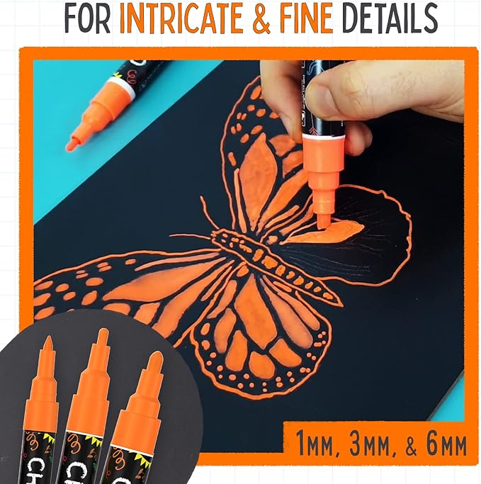 5 Orange Chalkboard Chalk Markers - Orange Dry Erase Markers for Blackboard, Chalkboard Signs, Windows, Glass | Variety Pack - Fine & Jumbo Size Ink Pen (1mm, 3mm, 6mm, 10mm, 15mm)