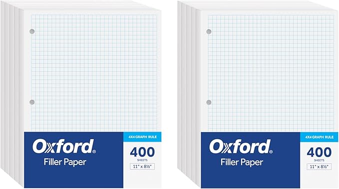 Oxford Loose Leaf Paper, Filler Paper Notebook Paper, 8-1/2" x 11", Graph Rule (4x4), 3-Hole Punched, 800 Sheets for 3 Ring Binders, 2 Packs of 400, White (62333)