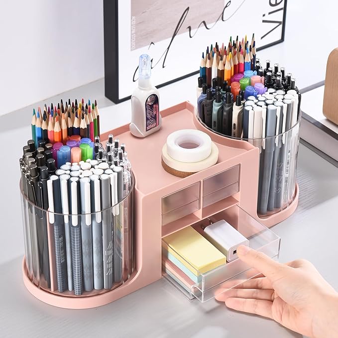 Rotating Desk Organizer with 2 Pen Holder, Desk Organizers and Accessories with 10 Slots Pencil Holder for Desk + 3 Drawer, Art Supply Storage Box Caddy for Office School Home (Pink)