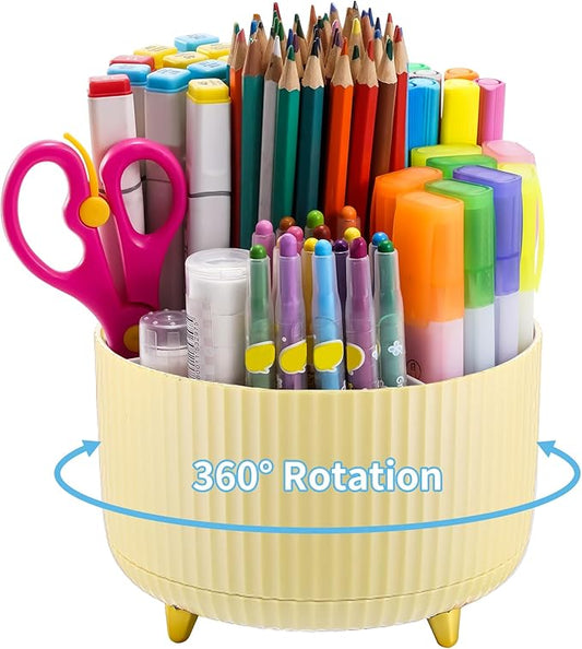 Marbrasse Desk Organizer, 360-Degree Rotating Pen Holder for Desk, Desk Organizers and Accessories with 5 Compartments Pencil Organizer, Art Supply Storage Box Caddy for Office, Home (Yellow)