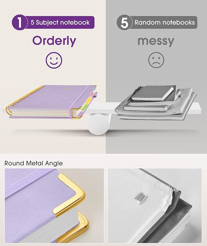 Hardcover Spiral Notebook journal with Removable Dividers Tabs, 300 Pages Leather 5 Subject Notebook College Ruled, 8"x10" Large B5 Notebooks for Work School Note taking,Lined Journal for Women,Purple