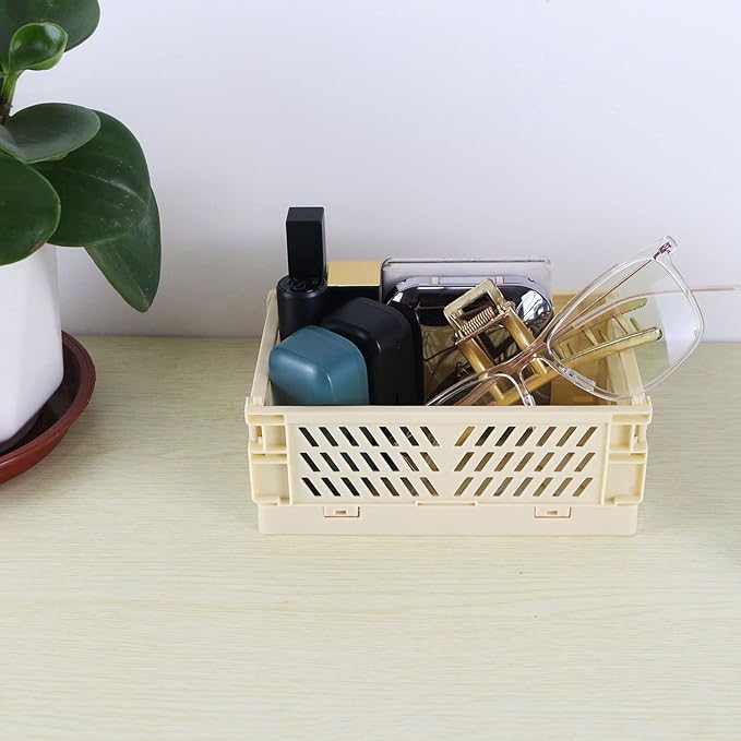 Tixill 2-Pack Mini Foldable Plastic Baskets for Organizing and Storage, Collapsible Storage Crate for Home Kitchen Bedroom Bathroom Office (5.9x3.8x2.2, Yellow)