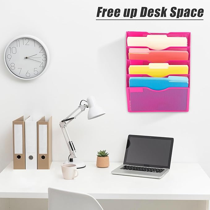 EASEPRES 5 Pocket Mesh Hanging Wall File Organizer, Wall Mounted Mail Paper Document Folder Holder, Clipboard Storage Organization Magazine Rack with Nametag Label for Office Home School, Rose Red