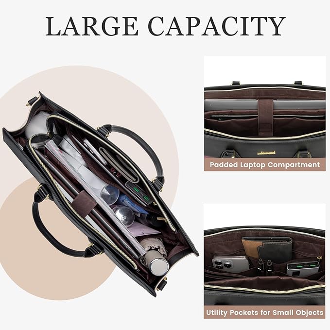 LOVEVOOK Laptop Bag for Women, 15.6 inch Laptop Tote Work Bag Purse, Large Waterproof Leather Computer Briefcase for Office, Purple-Black