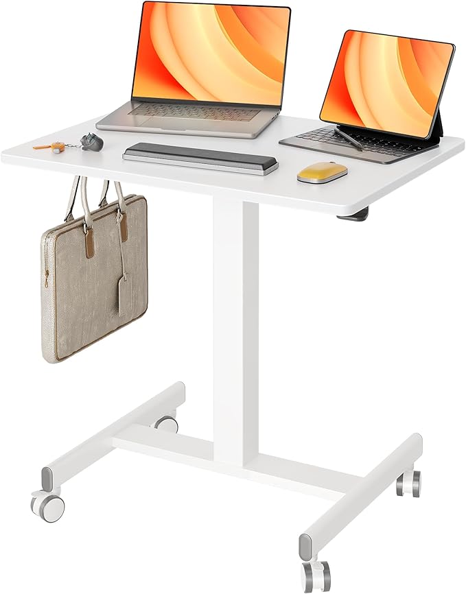 Mobile Standing Desk, Small Rolling Standing Desk, Mobile Desk Workstation with Wheels, Pneumatic Mobile Laptop Desk for Home Office with Hook, White