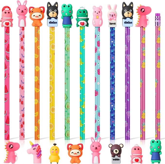 Ireer 60 Pcs Scented Pencils for Kids Animal Fruit Fun Smelly Pencils Bulk HB Graphite with 60 Pcs Cute Cartoon Toppers Gift for School Office Classroom Party Reward Supplies(Bright Style)