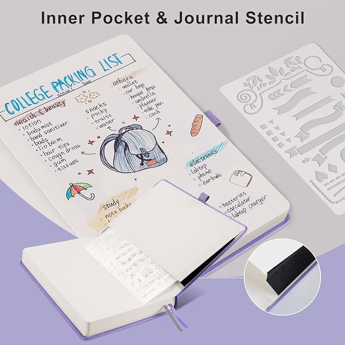 EMSHOI Blank Notebook Journal - 320 Pages, 100gsm Thick Paper, A5 Hardcover Leather, Art Sketchbook for Drawing, Unlined, Plain Sketch Book for Women Men Work Writing, 5.75 x 8.38, Light Purple