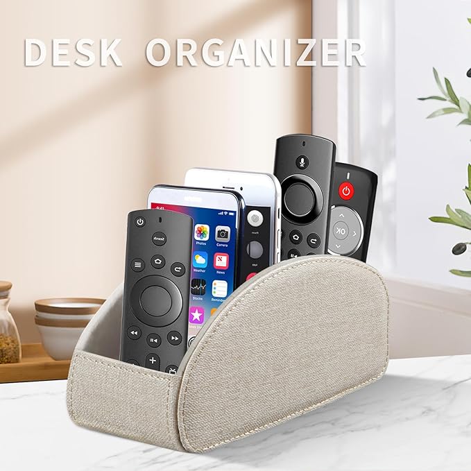 Remote Control Holder PU Leather TV Remote Caddy for Table, 5 Compartments Nightstand Organizer for Bedroom Accessories/Bedside Remotes/Media Controllers/Office Supplies, Decorations for Living Room
