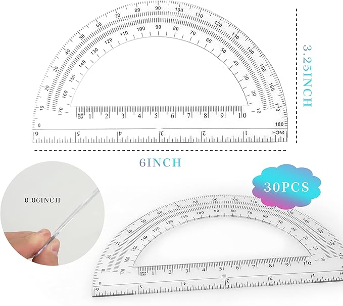 30PCS Clear Plastic Student Math Protractor 6-Inch Long 180 Degree for Angle Measurement