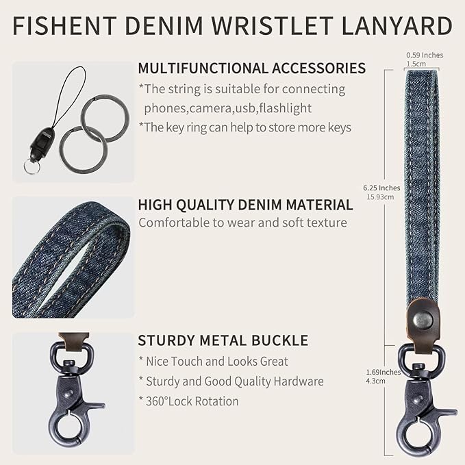 Fishent Denim Wristlet Keychain for Women Men, Cute Key Chain, Wrist Lanyards for Car Keys ID Badge Wallet Card Holder