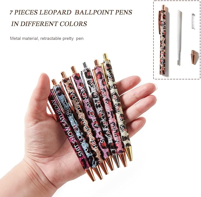7pcs Leopard Pens Ballpoint Pens, Spoof Fun Ballpoint Pen Set，Black Ink Novelty Metal Pens Swear Word Daily Pen Set