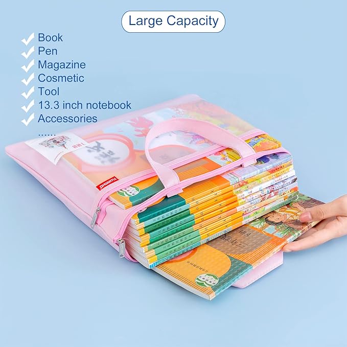 pendancy Mesh Zipper Pouch 11x13.7 in, 2 pcs Large Double Pocket Waterproof File Bag with Handle, A4 Size Foldable Document Storage for Puzzle Project/Cross Stitch/Travel/Office（Blue Pink）