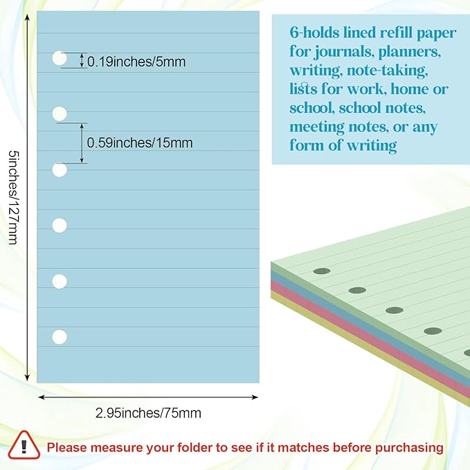 Ireer 200 Sheets Blank Lined Paper Refill for 3 x 5 Binders 6 Ring Memo Refill Paper Mini Ruled Filler Paper Books Planner Inserts Blank Lined Paper for Binder (Pink Blue Yellow Green)