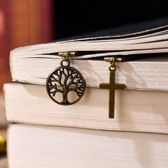 Handmade Long Leather Straps Bookmark, Tree of Life Bible Bookmarks with Retro Cross, Christian Saint Book Mark, Ideal Catholic Gift (Style 12)