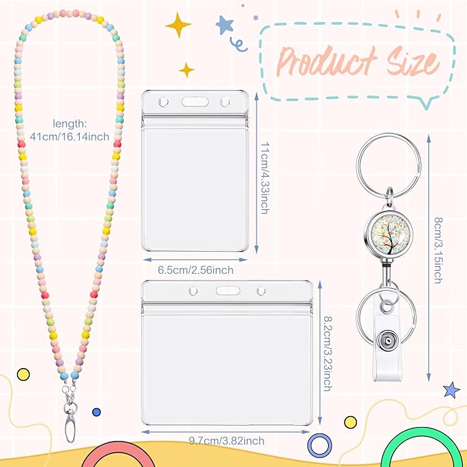 BESARME Teacher Lanyard with ID Holder Colorful Cute Wooden Beaded Lanyards for ID Badge Holders Retractable Badge Reel Keys Eyeglass Chains for Women