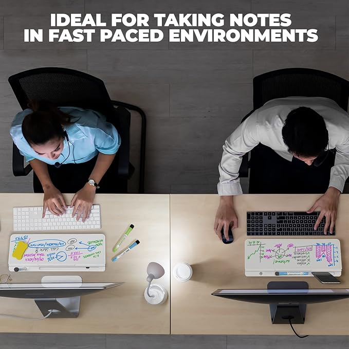 Desktop Whiteboard - Glass Dry Erase White Board- Desk Computer Buddy – Home Office & Studying Essentials - Desktop Pad with Phone & Tablet Slot, Storage Compartment - Includes 4 Markers, 1 Eraser