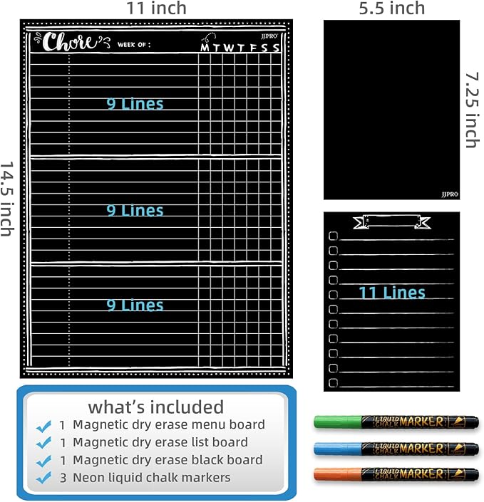 JJPRO Magnetic Dry Erase Chore Chart Blackboard for Fridge-Behavior Chart Chalkboard for Multiple Kids-One Chore Chart and Two Bonus Dry Erase Pad/Grocery Blackboards
