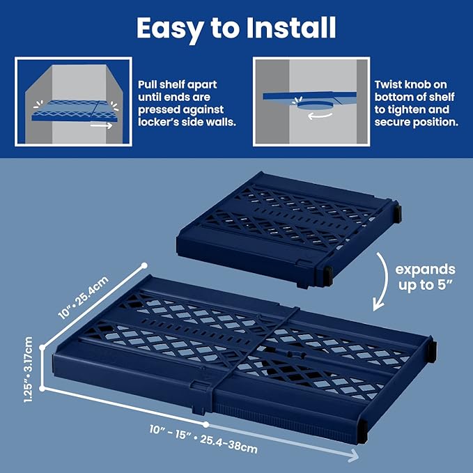 LockerMate Adjust-A-Shelf Locker Shelf, Extends to Fit Your Locker, Easy to Use, Perfect for School, Office, Gym, Blue