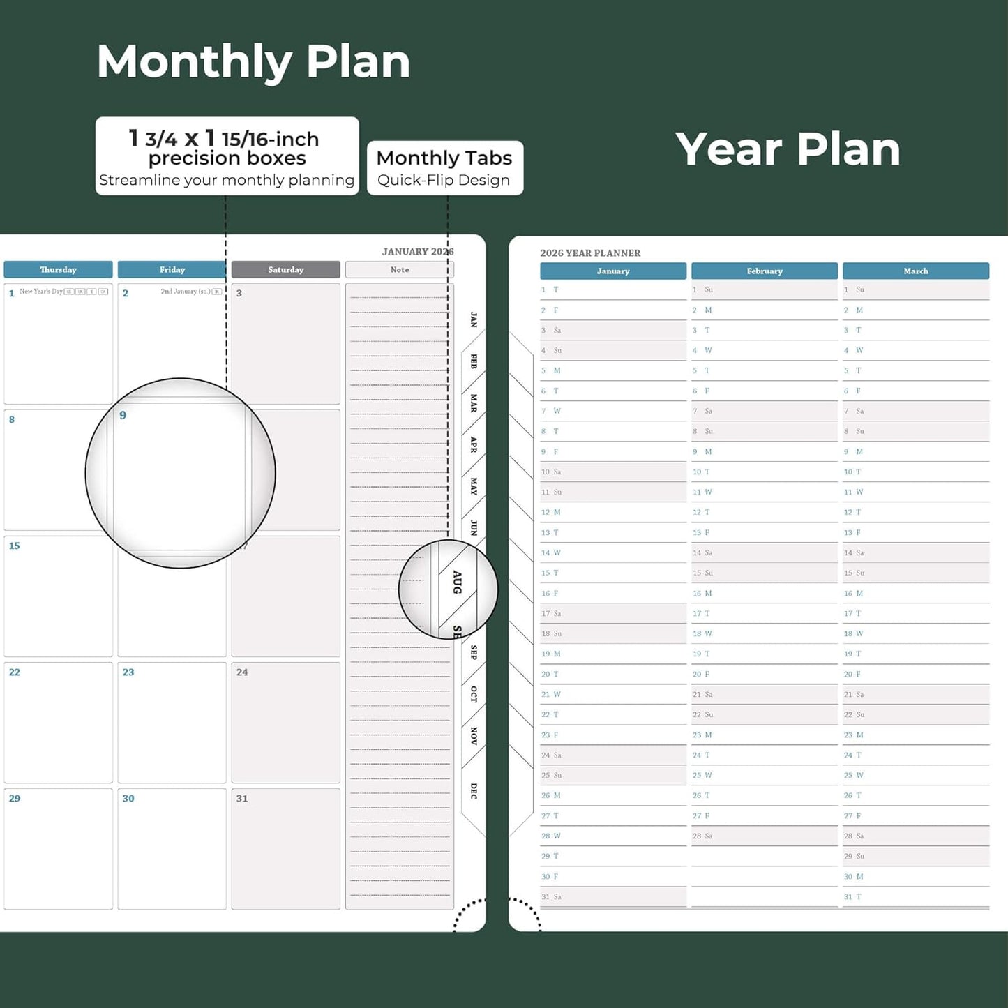 IN-LUXPRO Weekly Monthly 2026 Planner (Jan.26-Dec.26),11.5"x8.5",12 Months Agenda Plan with Month Tabs & Pocket,Expenses/Note Pages, Appointment Book Calendar with Hardcover Vegan Leather Cover,Green