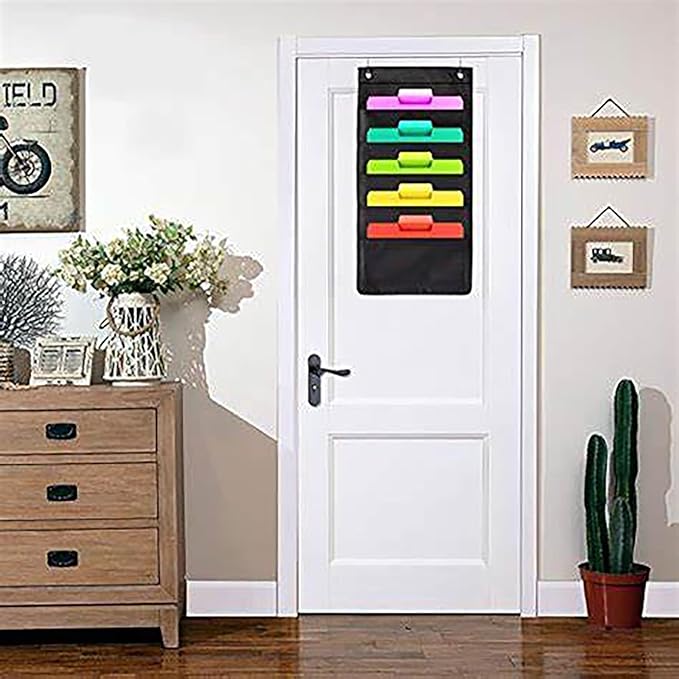 Hanging Wall File Organizer, 5 Pocket, Black Wall Storage Pocket Charts with 2 Hangers, Oxford Cloth Storage Pocket, Over The Door File Organizer, Great for Classroom, Home or Office Use (5 Pocket)