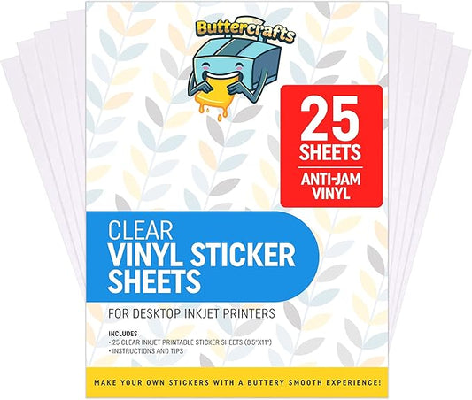 Clear Printable Vinyl for Inkjet Printer - Waterproof, 25 Sheets - Transparent Inkjet Printable Vinyl Sticker Paper Avoid Jams