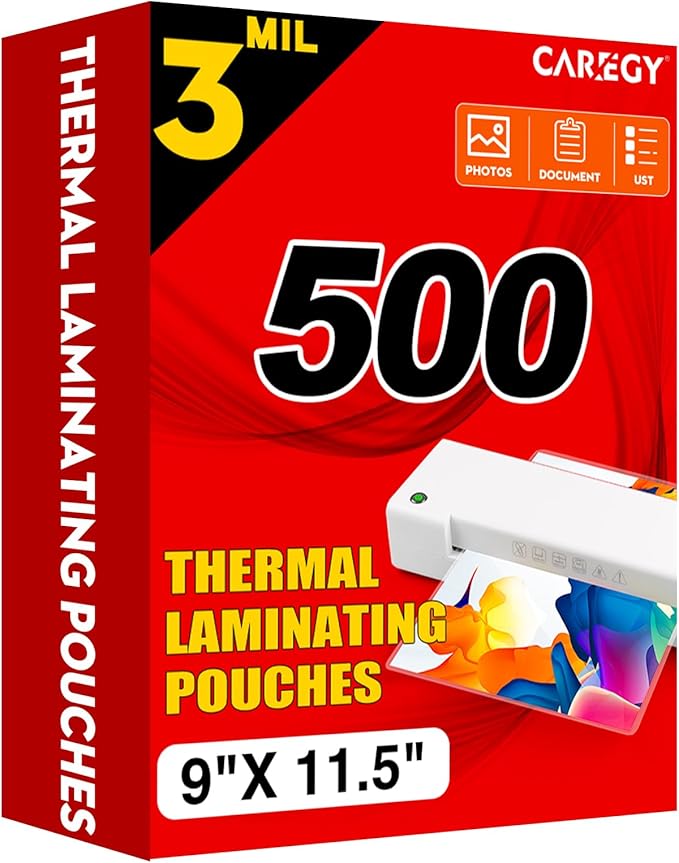 CAREGY 500 Pack Laminating Sheets,Holds 8.5 x 11 Inch Sheets,Thermal Laminating Pouches, 3 Mil, 9 x 11.5 Inches Lamination Sheet Paper for Laminator, Round Corner Letter Size