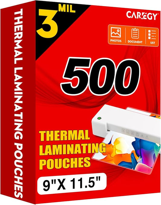 CAREGY 500 Pack Laminating Sheets,Holds 8.5 x 11 Inch Sheets,Thermal Laminating Pouches, 3 Mil, 9 x 11.5 Inches Lamination Sheet Paper for Laminator, Round Corner Letter Size
